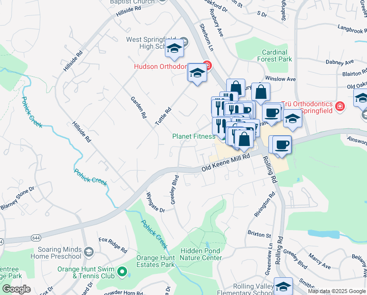 map of restaurants, bars, coffee shops, grocery stores, and more near Burling Wood Drive in West Springfield