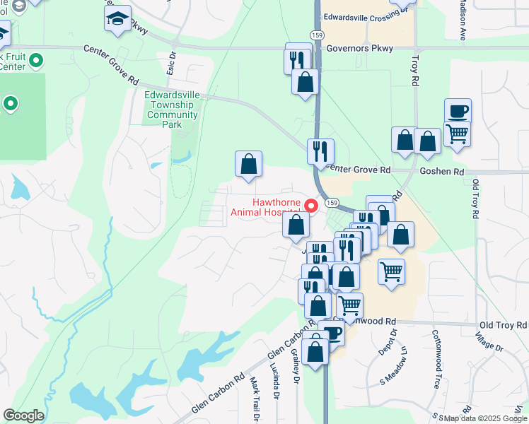 map of restaurants, bars, coffee shops, grocery stores, and more near 125 Northbay Court in Glen Carbon