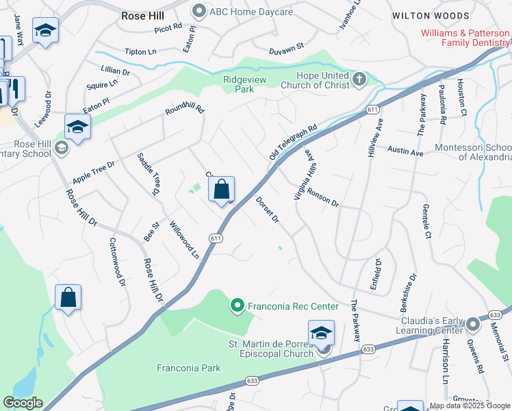 map of restaurants, bars, coffee shops, grocery stores, and more near 6320 Dorset Drive in Alexandria