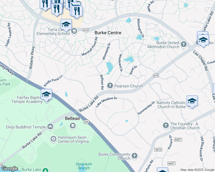 map of restaurants, bars, coffee shops, grocery stores, and more near 6246 Wilmette Drive in Burke