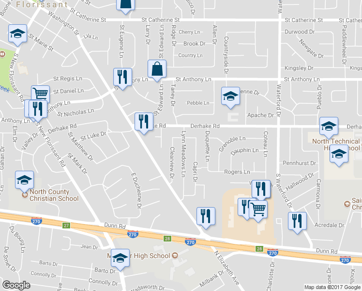 map of restaurants, bars, coffee shops, grocery stores, and more near 195 Lynn Meadows Lane in Florissant
