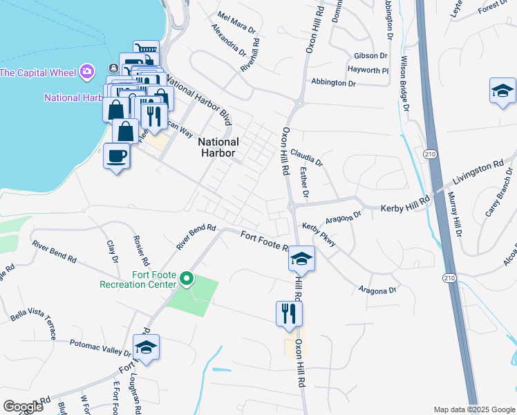 map of restaurants, bars, coffee shops, grocery stores, and more near 716 River Mist Drive in Oxon Hill