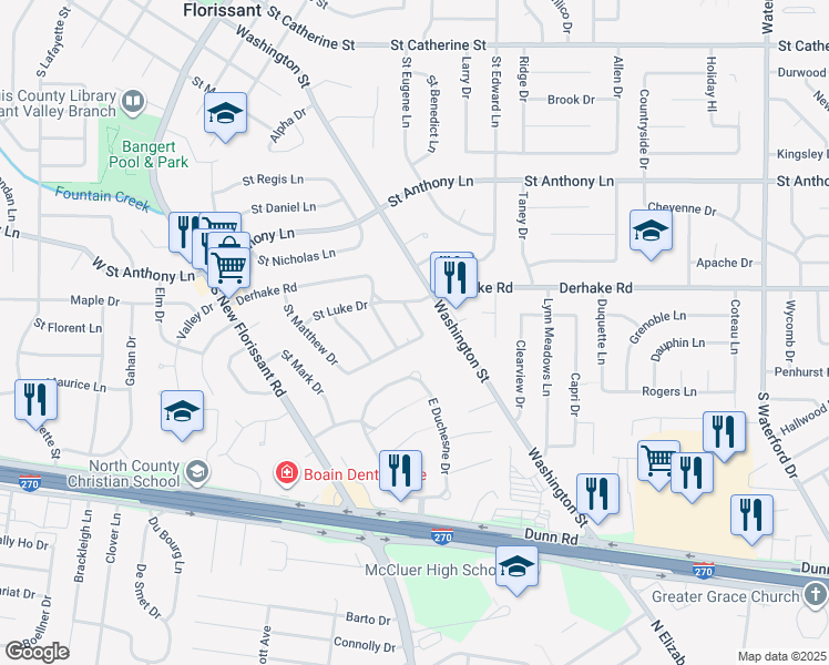 map of restaurants, bars, coffee shops, grocery stores, and more near 285 Saint Richard Drive in Florissant