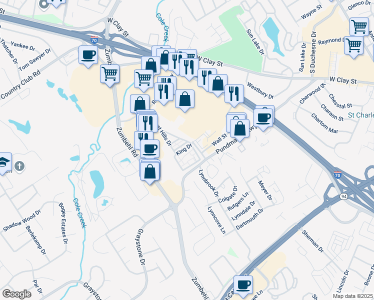 map of restaurants, bars, coffee shops, grocery stores, and more near 114 King Drive in Saint Charles