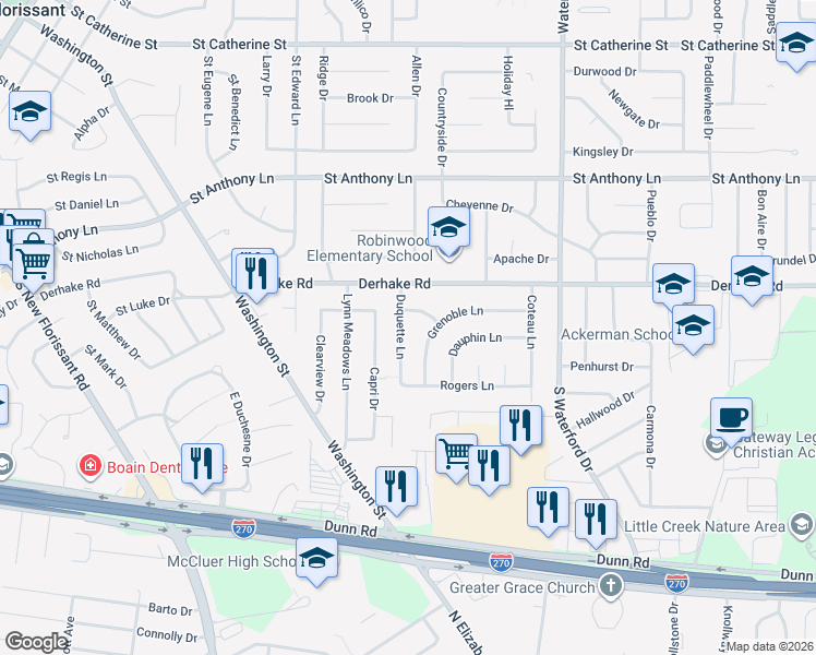map of restaurants, bars, coffee shops, grocery stores, and more near 200 Duquette Lane in Florissant