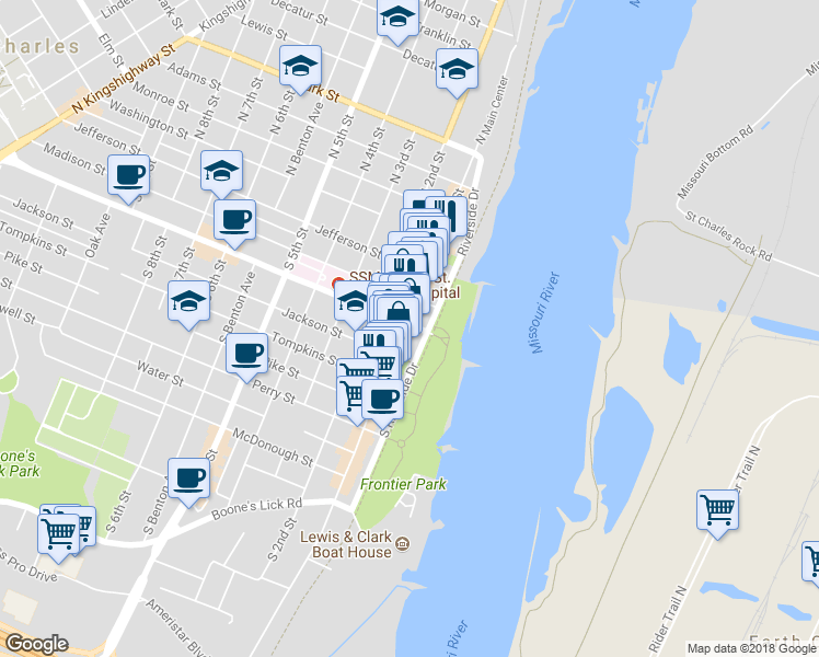 map of restaurants, bars, coffee shops, grocery stores, and more near 300 South Main Street in Saint Charles