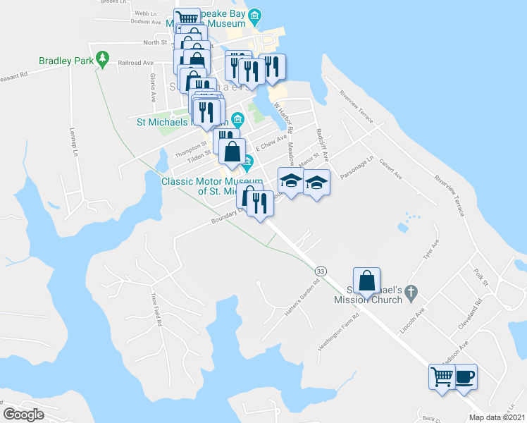map of restaurants, bars, coffee shops, grocery stores, and more near 903 South Talbot Street in Saint Michaels