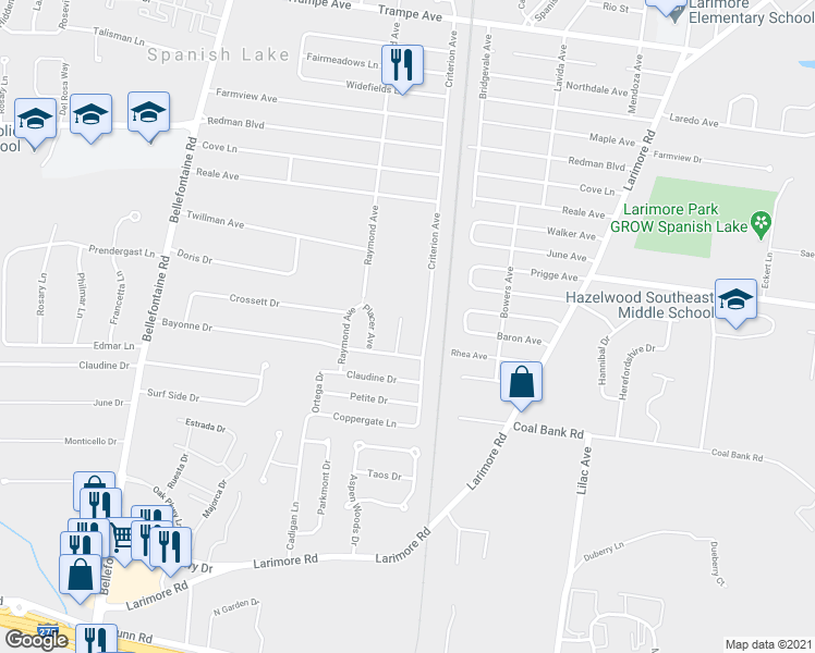 map of restaurants, bars, coffee shops, grocery stores, and more near 11540 Caraway Court in St. Louis