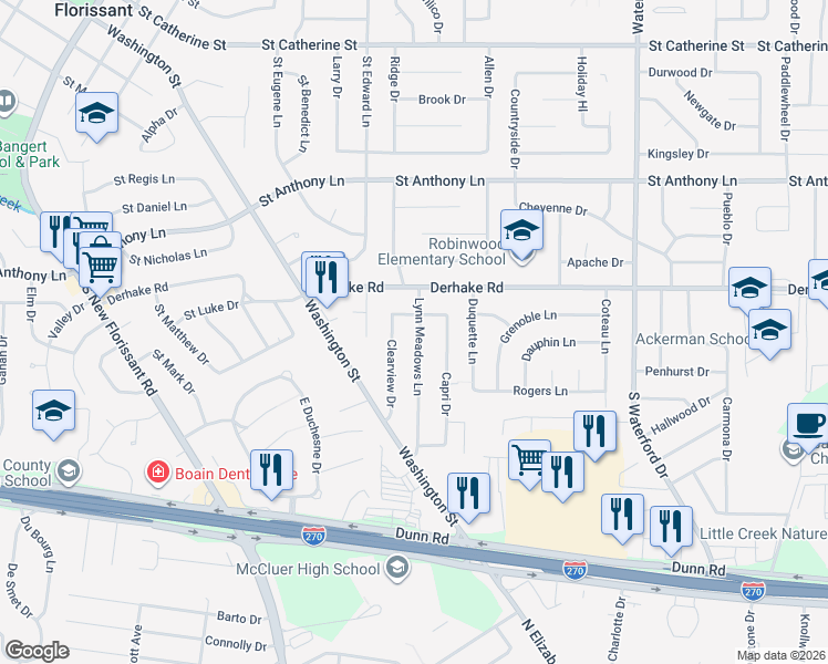 map of restaurants, bars, coffee shops, grocery stores, and more near 195 Lynn Meadows Lane in Florissant