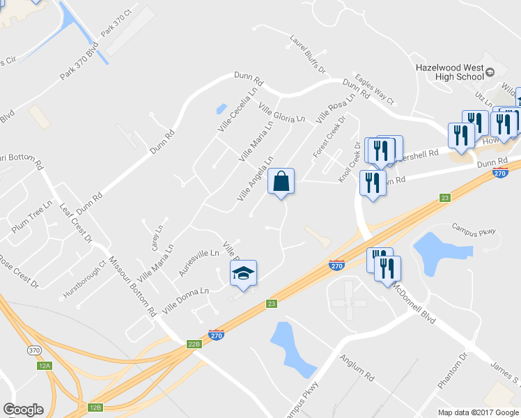 map of restaurants, bars, coffee shops, grocery stores, and more near 5227 Ville Anita Court in Hazelwood
