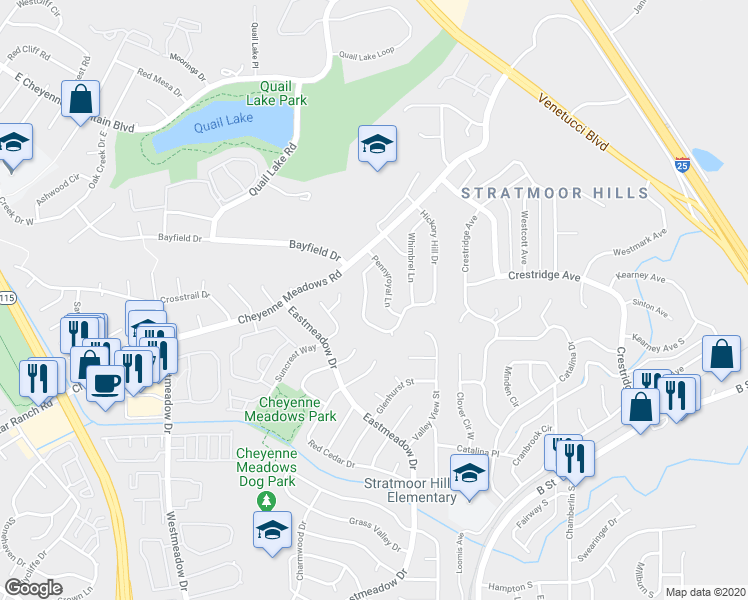 map of restaurants, bars, coffee shops, grocery stores, and more near 3650 Pennyroyal Lane in Colorado Springs