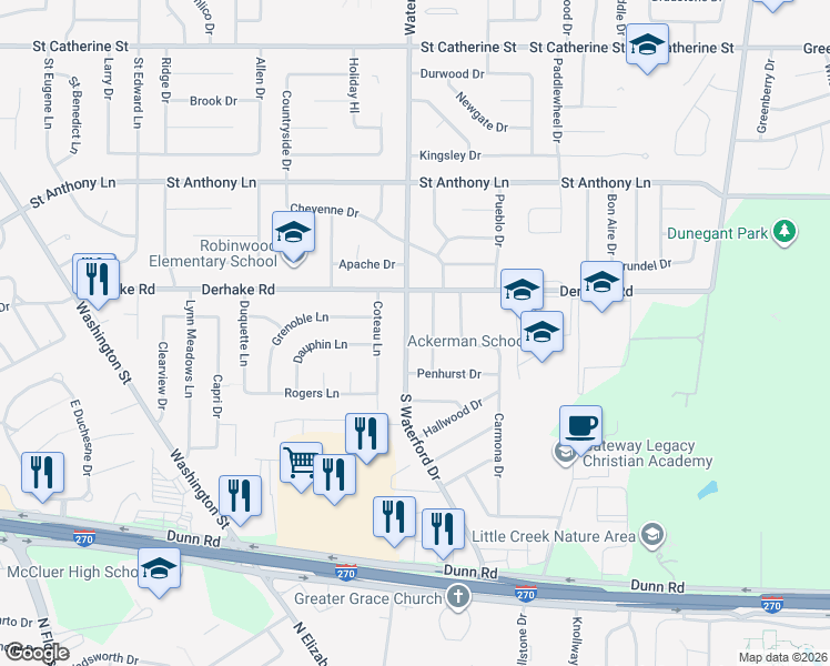 map of restaurants, bars, coffee shops, grocery stores, and more near 1060 South Waterford Drive in Florissant