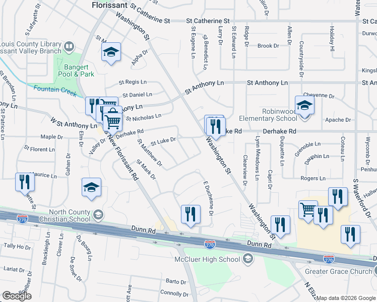 map of restaurants, bars, coffee shops, grocery stores, and more near 1225 Saint Joan Drive in Florissant