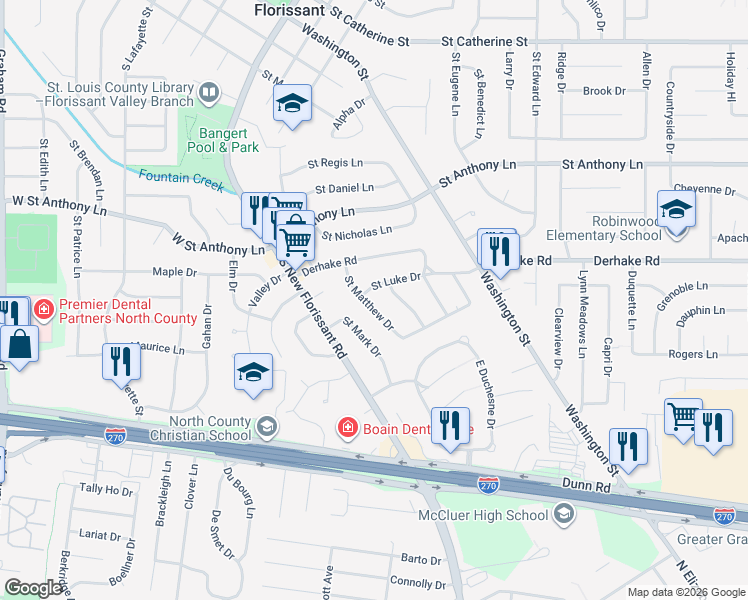 map of restaurants, bars, coffee shops, grocery stores, and more near 1135 Saint Matthew Drive in Florissant