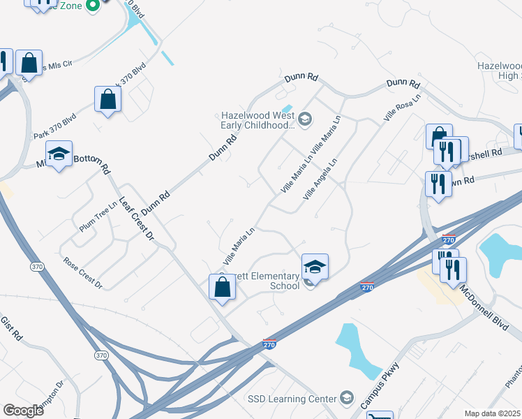 map of restaurants, bars, coffee shops, grocery stores, and more near 5163 Ville Maria Lane in Hazelwood