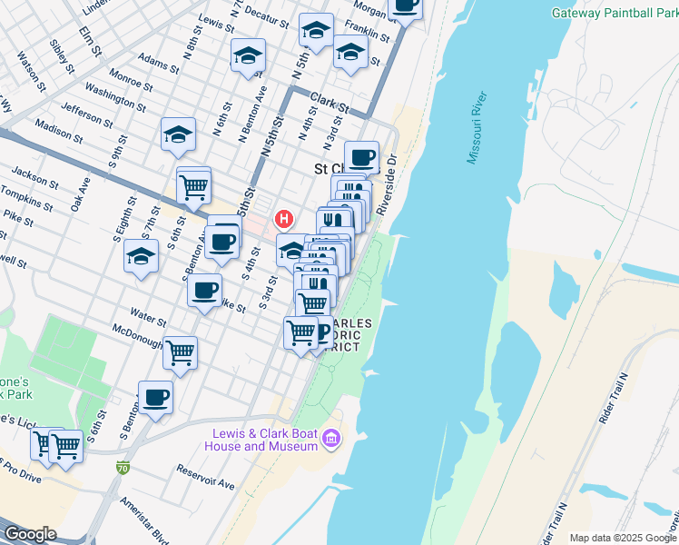 map of restaurants, bars, coffee shops, grocery stores, and more near 300 South Main Street in Saint Charles