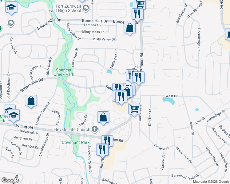 map of restaurants, bars, coffee shops, grocery stores, and more near 92 Sutters Mill Road in St. Peters