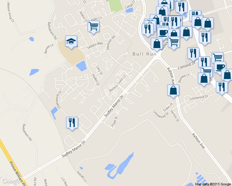 map of restaurants, bars, coffee shops, grocery stores, and more near 11001 Edgepark Circle in Manassas