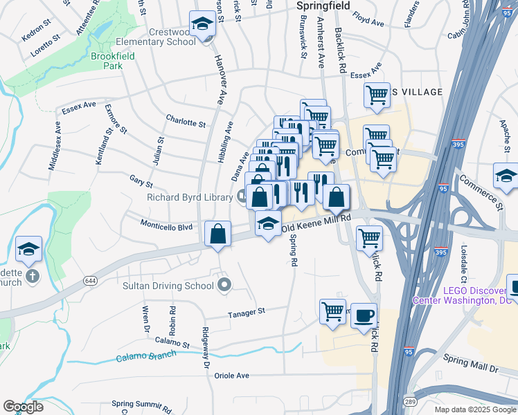 map of restaurants, bars, coffee shops, grocery stores, and more near 7293 Commerce Street in Springfield