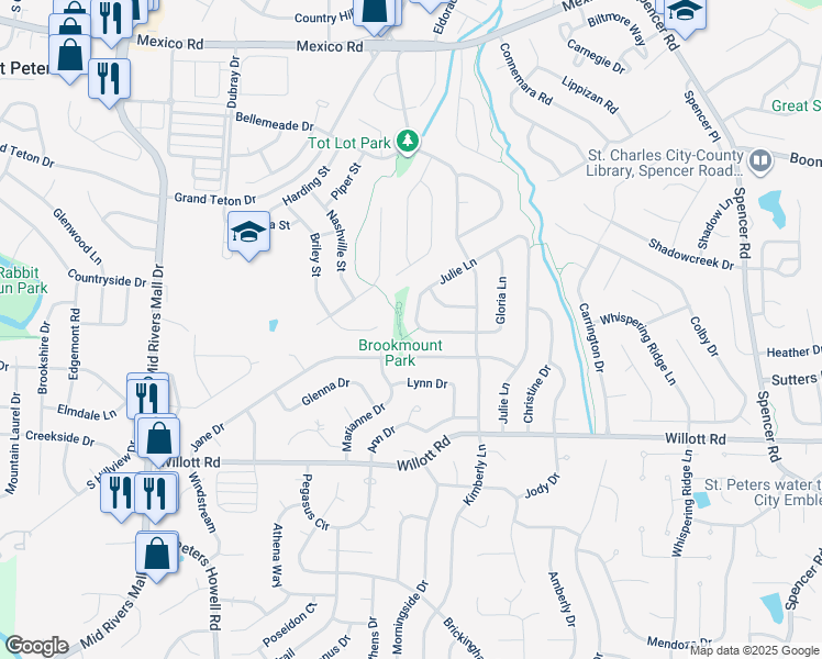 map of restaurants, bars, coffee shops, grocery stores, and more near 1 Julie Lane in St. Peters