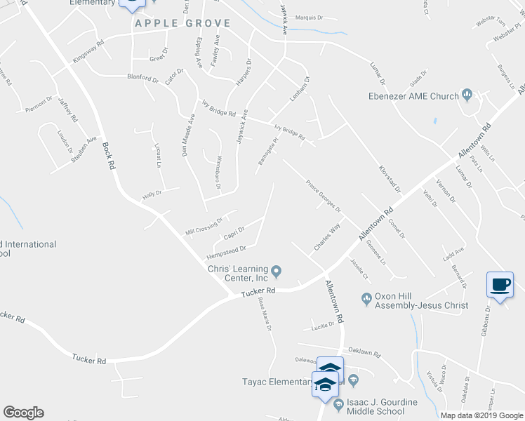 map of restaurants, bars, coffee shops, grocery stores, and more near 8009 Holiday Avenue in Fort Washington