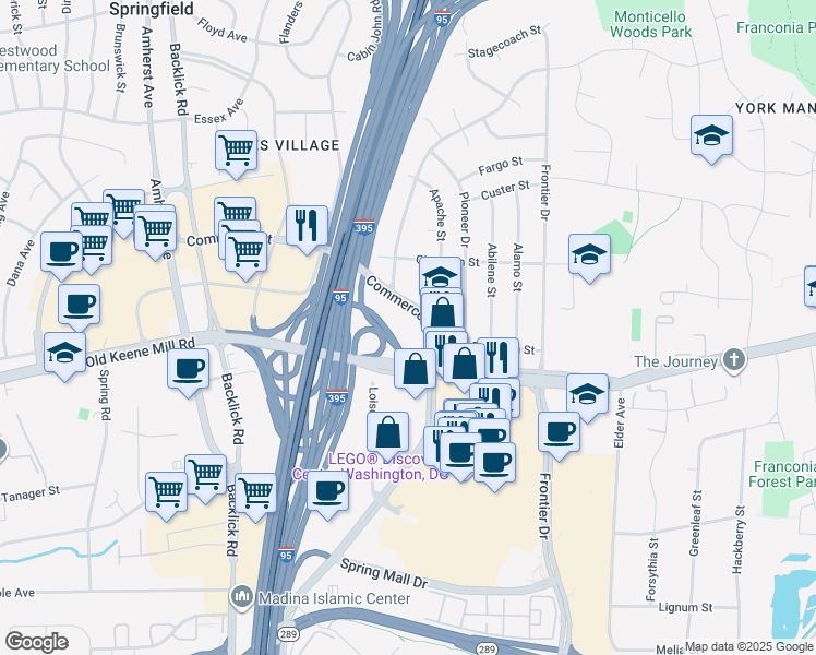 map of restaurants, bars, coffee shops, grocery stores, and more near 6715 Commerce Street in Springfield