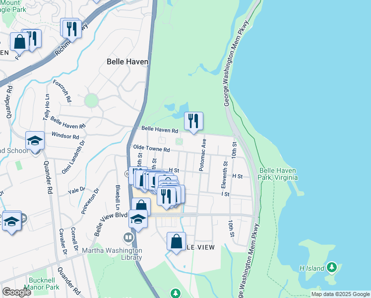 map of restaurants, bars, coffee shops, grocery stores, and more near 6319 Golf Course Square in Alexandria