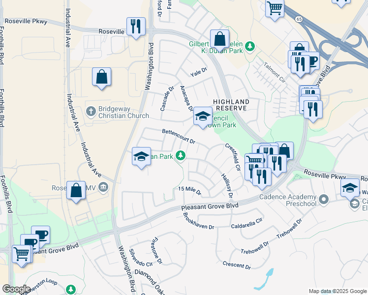 map of restaurants, bars, coffee shops, grocery stores, and more near 224 Pinecrest Court in Roseville