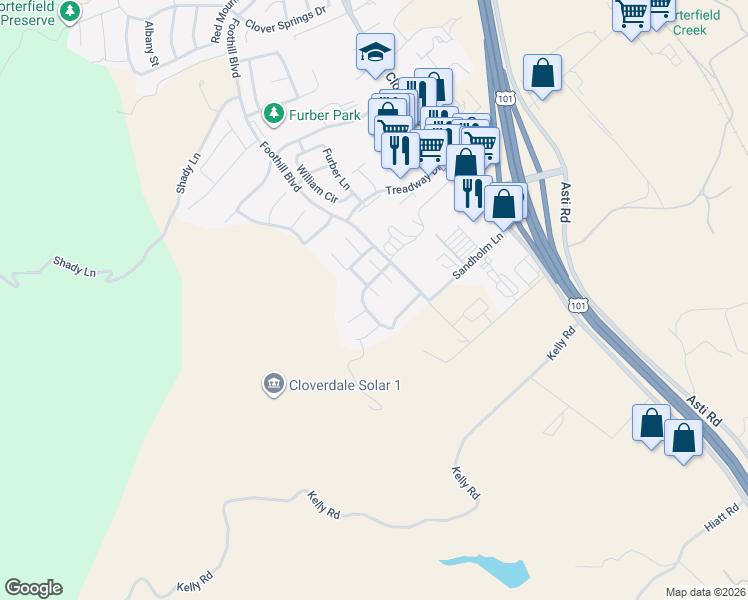 map of restaurants, bars, coffee shops, grocery stores, and more near 308 Sunrise Drive in Cloverdale