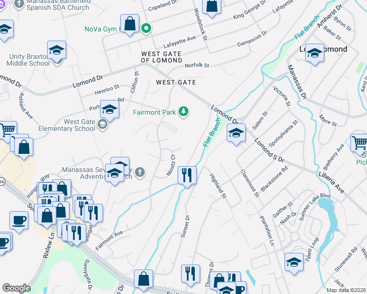 map of restaurants, bars, coffee shops, grocery stores, and more near 9839 Nimitz Court in Manassas