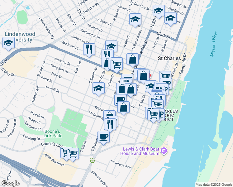 map of restaurants, bars, coffee shops, grocery stores, and more near 523 Tompkins Street in Saint Charles