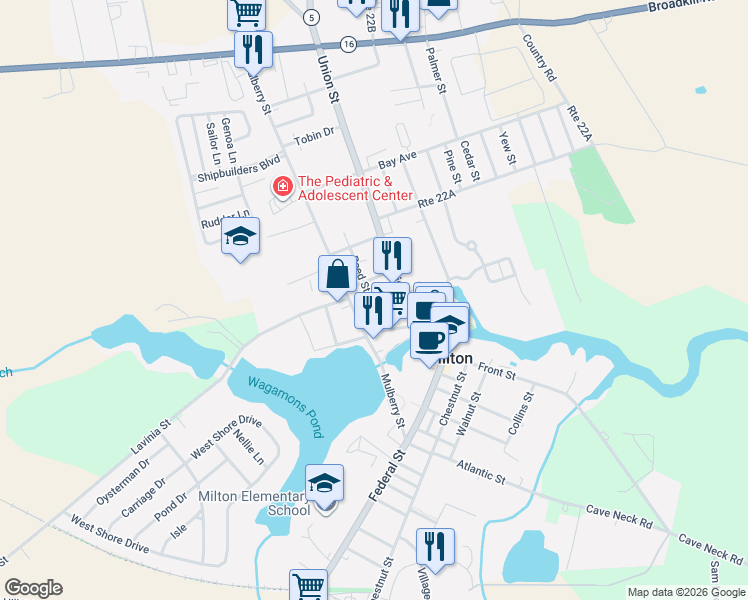 map of restaurants, bars, coffee shops, grocery stores, and more near 128 Broad Street in Milton