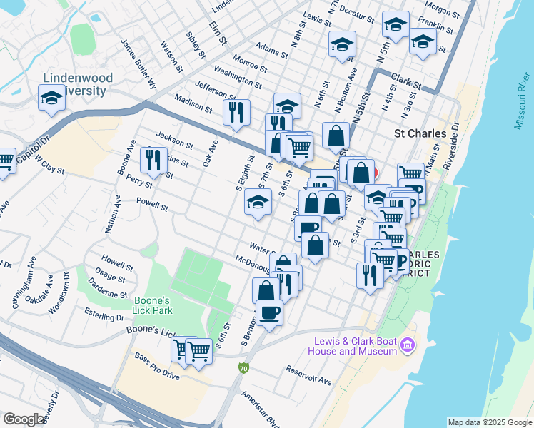 map of restaurants, bars, coffee shops, grocery stores, and more near 525 South 6th Street in St. Charles