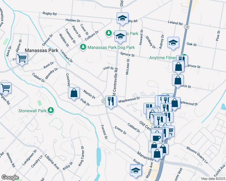 map of restaurants, bars, coffee shops, grocery stores, and more near 187 Old Centreville Road in Manassas Park