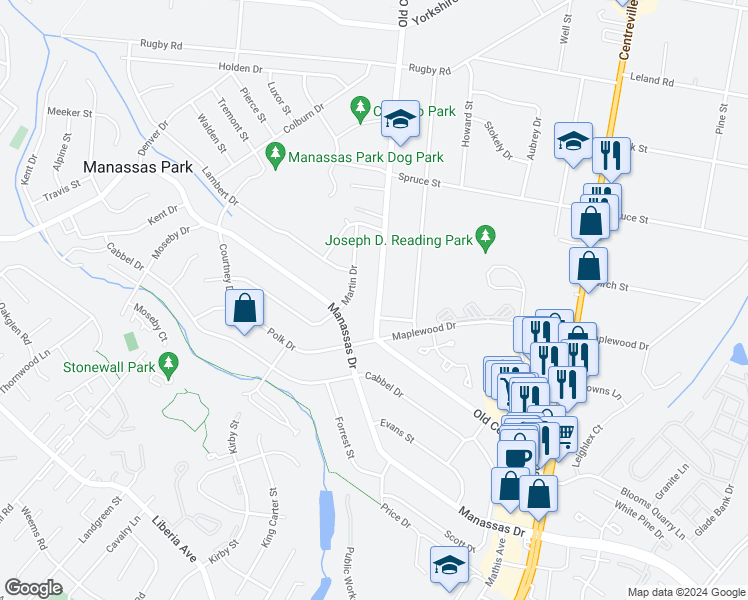 map of restaurants, bars, coffee shops, grocery stores, and more near 187 Old Centreville Road in Manassas Park