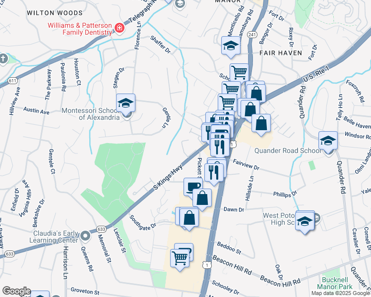 map of restaurants, bars, coffee shops, grocery stores, and more near 6355 Chimney Wood Court in Alexandria