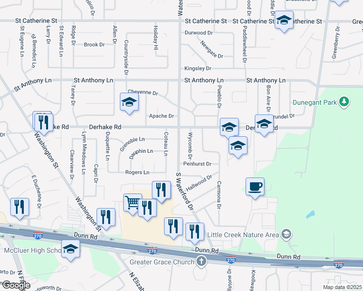 map of restaurants, bars, coffee shops, grocery stores, and more near 1060 South Waterford Drive in Florissant