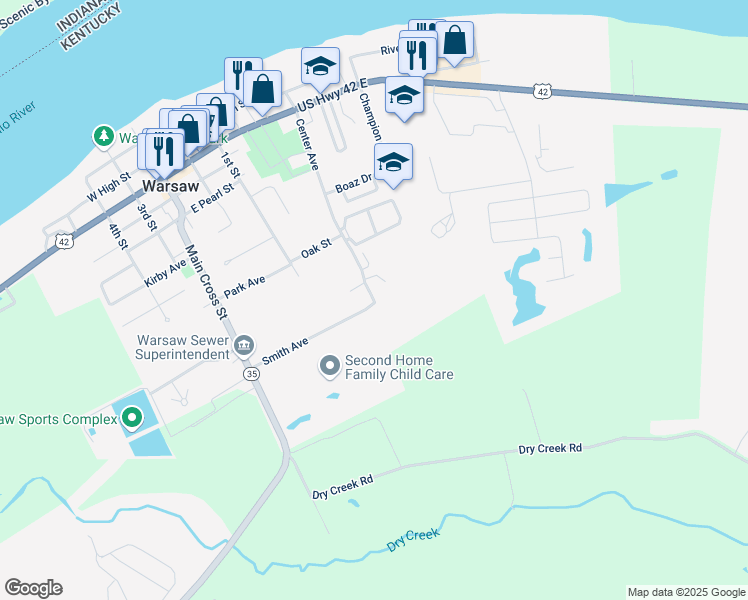 map of restaurants, bars, coffee shops, grocery stores, and more near 500 Center Avenue in Warsaw