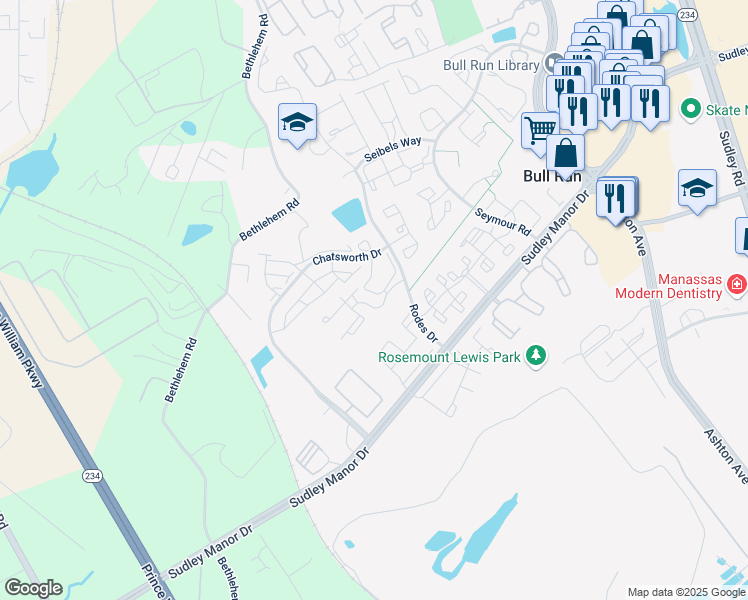 map of restaurants, bars, coffee shops, grocery stores, and more near 8148 Bayonet Way in Manassas