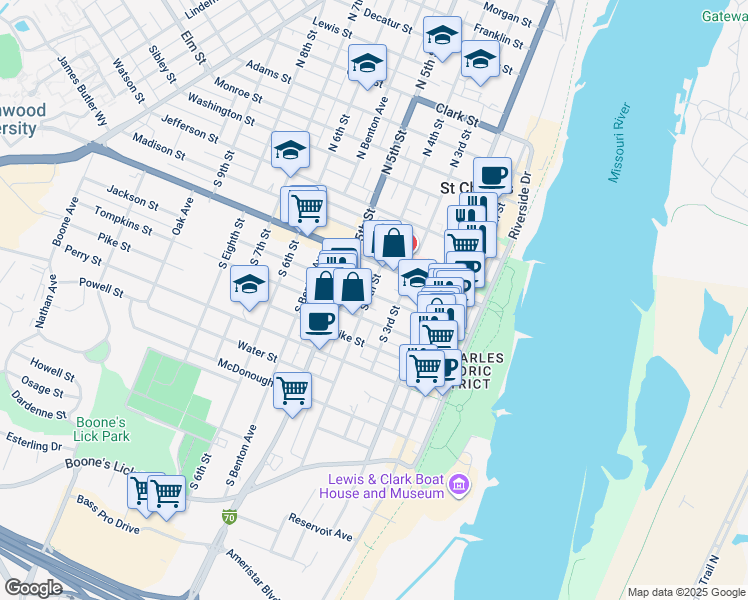 map of restaurants, bars, coffee shops, grocery stores, and more near 327 Jackson Street in Saint Charles