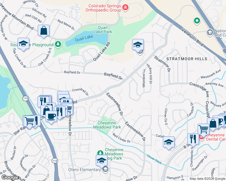 map of restaurants, bars, coffee shops, grocery stores, and more near 1214 Suncrest Way in Colorado Springs