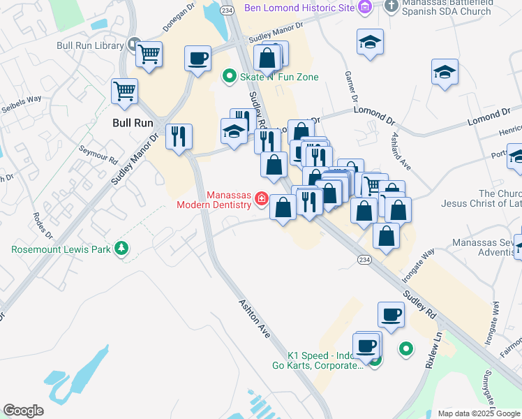 map of restaurants, bars, coffee shops, grocery stores, and more near 10620 Crestwood Drive in Manassas