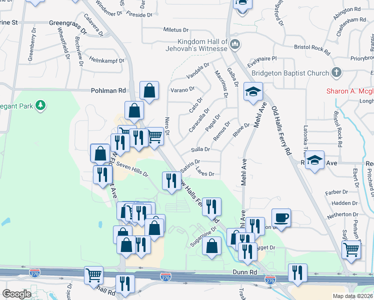 map of restaurants, bars, coffee shops, grocery stores, and more near 4317 Sulla Drive in Florissant