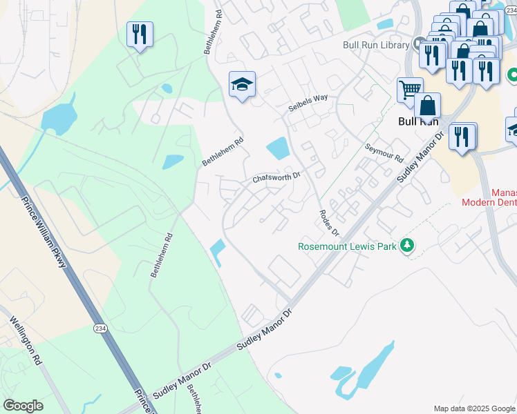 map of restaurants, bars, coffee shops, grocery stores, and more near 11241 Lady Jane Loop in Manassas