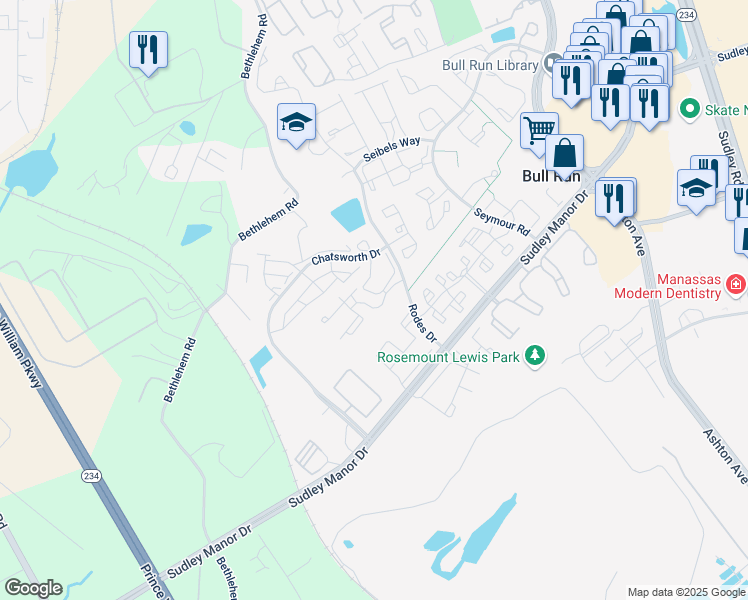 map of restaurants, bars, coffee shops, grocery stores, and more near 8148 Bayonet Way in Manassas