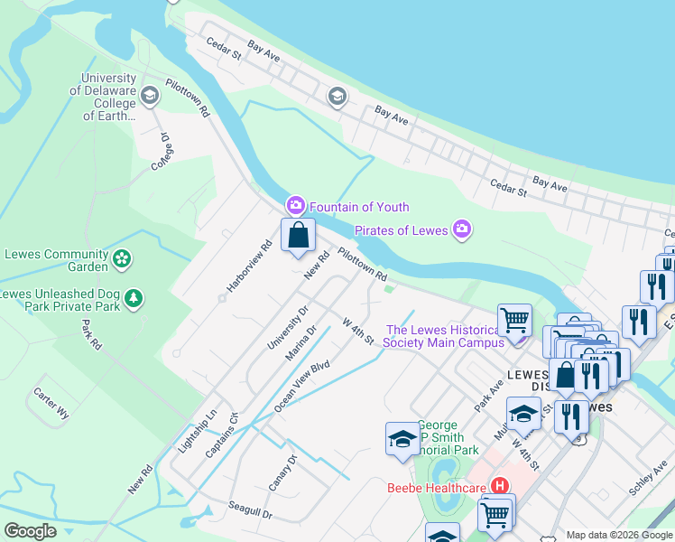 map of restaurants, bars, coffee shops, grocery stores, and more near 104 University Drive in Lewes