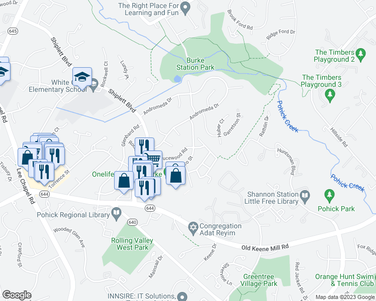 map of restaurants, bars, coffee shops, grocery stores, and more near 9207 Sprucewood Road in Burke