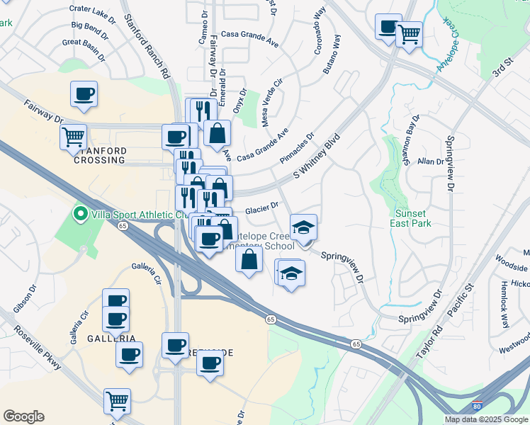 map of restaurants, bars, coffee shops, grocery stores, and more near 2324 Glacier Drive in Rocklin
