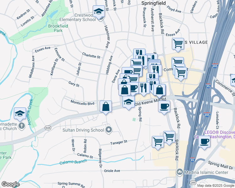 map of restaurants, bars, coffee shops, grocery stores, and more near 7250 Commerce Street in Springfield