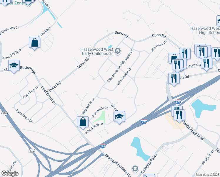 map of restaurants, bars, coffee shops, grocery stores, and more near 1561 Ville Angela Lane in Hazelwood